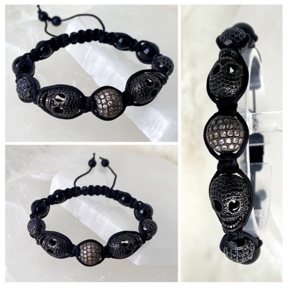 men or women Rock chic black rodhium & 2 cz skulls onyx macrame bracelet - Picture 10 of 13